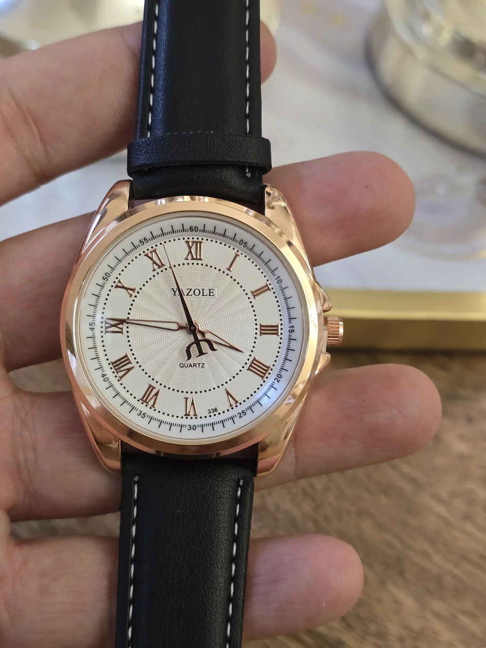 Yazole Men’s Black Leather Strap Watch with Rose Gold Case and White Dial